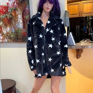 Jawbreaker faux fur Black and White Star Teddy L coat  Jacket nwt